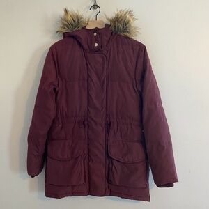 Abercrombie & Fitch Maroon Parka with Faux Fur-Lined Hood Size XS
